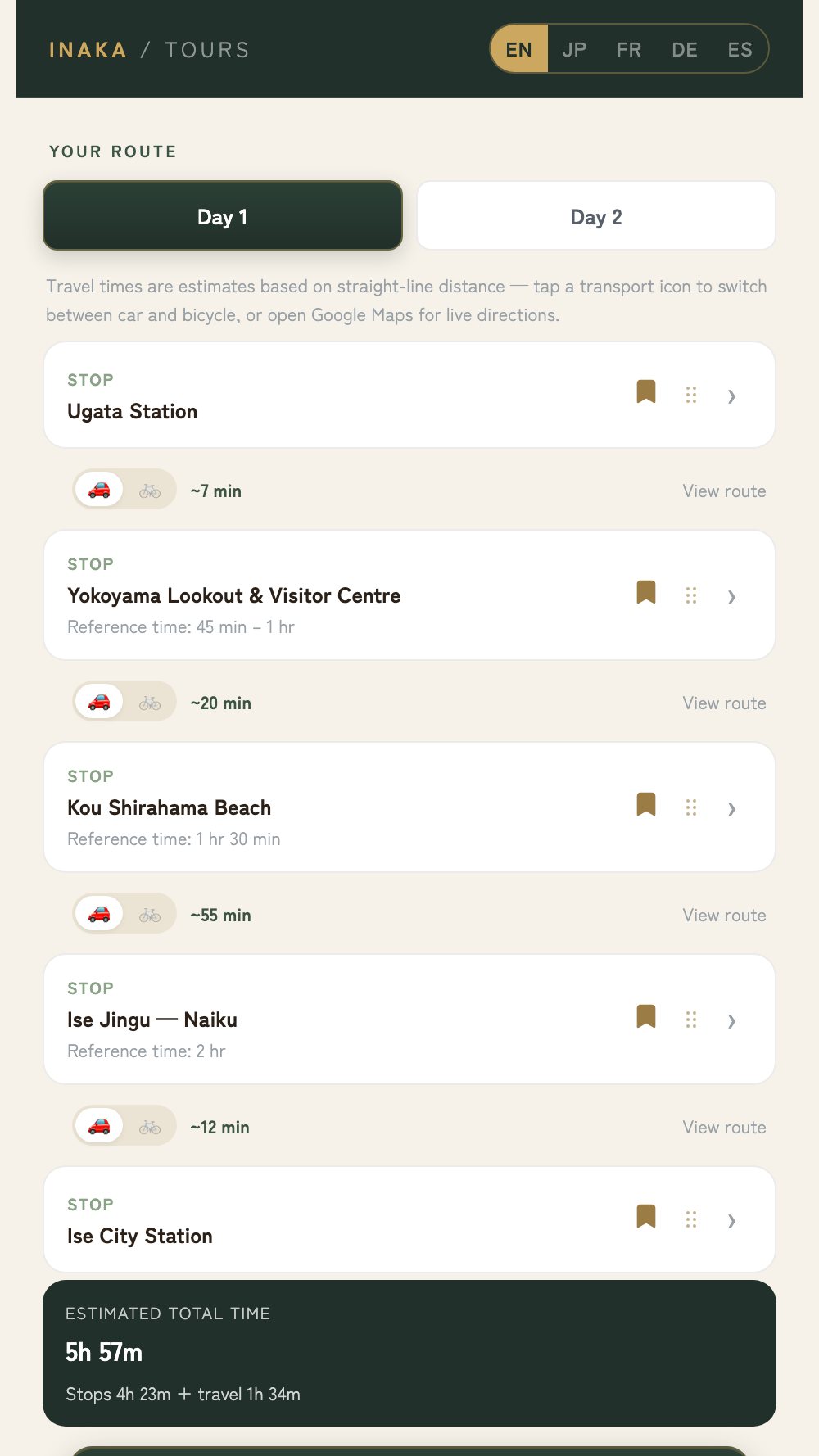 The itinerary builder showing a Day 1 route with travel times between stops