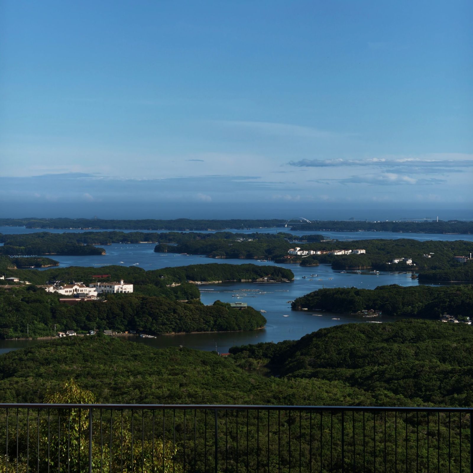 Ago Bay and its islands seen from the Yokoyama lookout under a clear summer sky